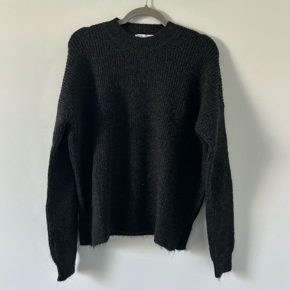 Zara Dark Grey Chunky Ribbed Knit Crewneck Oversized Sweater NWT S